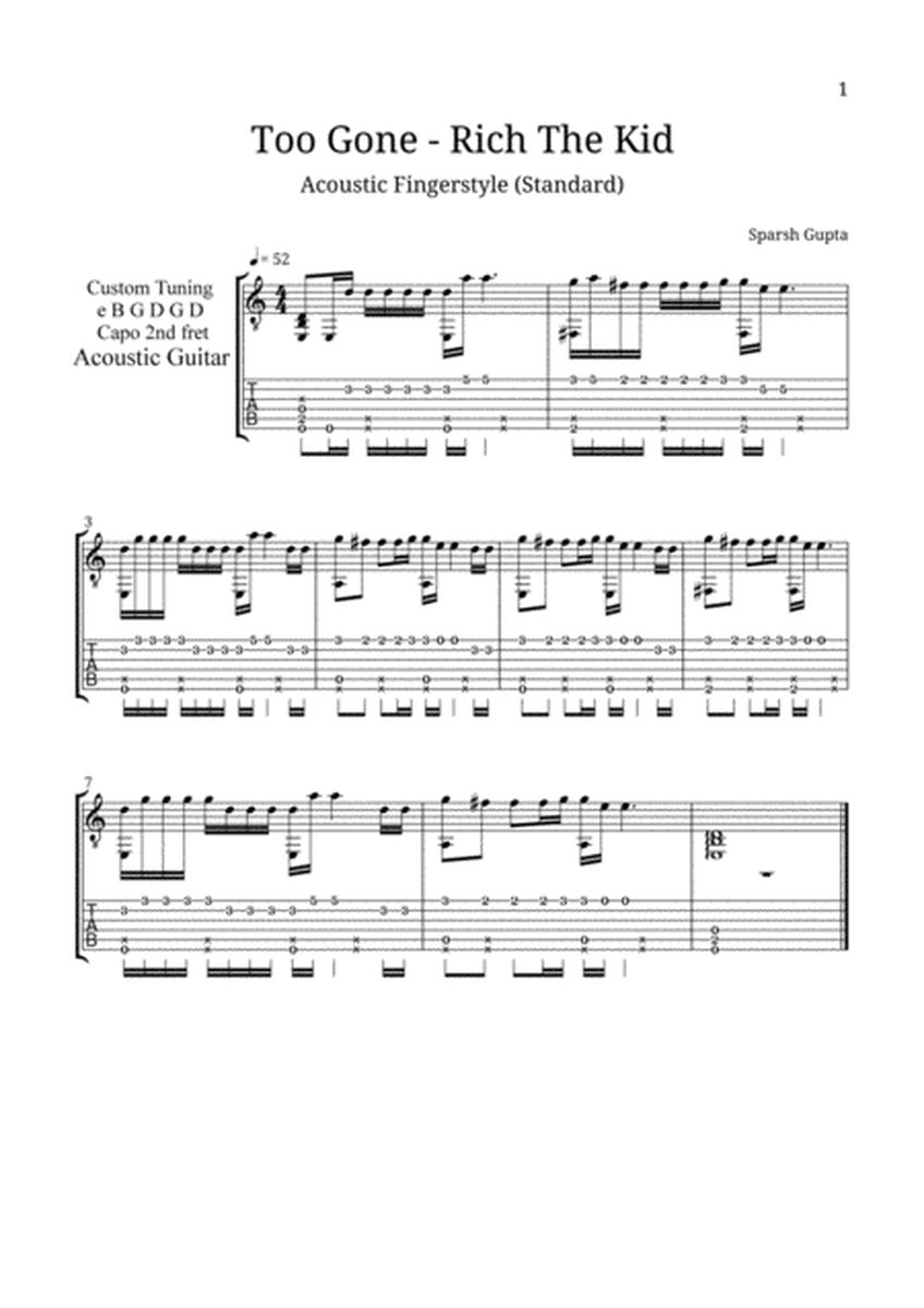 Too Gone (Rich The Kid) Acoustic Fingerstyle Guitar Tab (Simplified) image number null