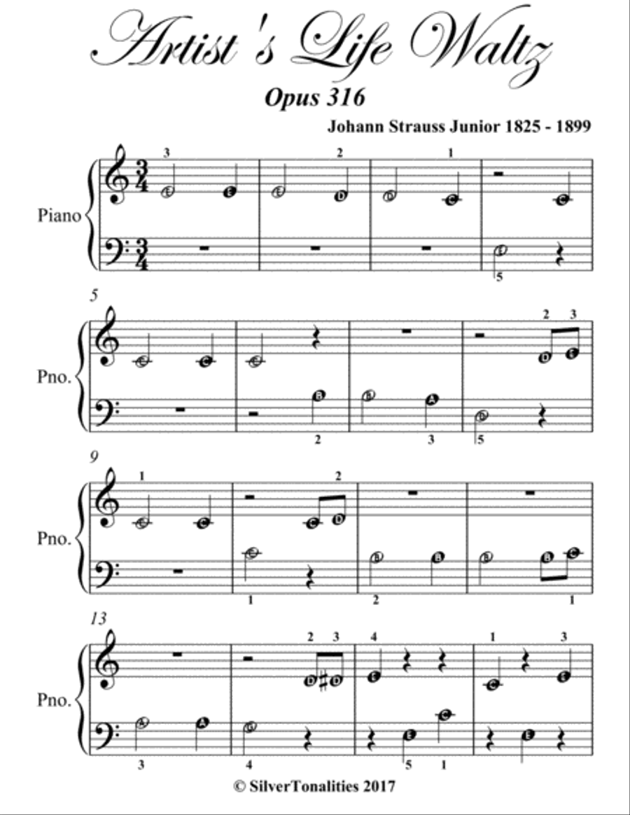 Artists Life Waltz Opus 316 Beginner Piano Sheet Music Easy Piano scores gallery preview page 2
