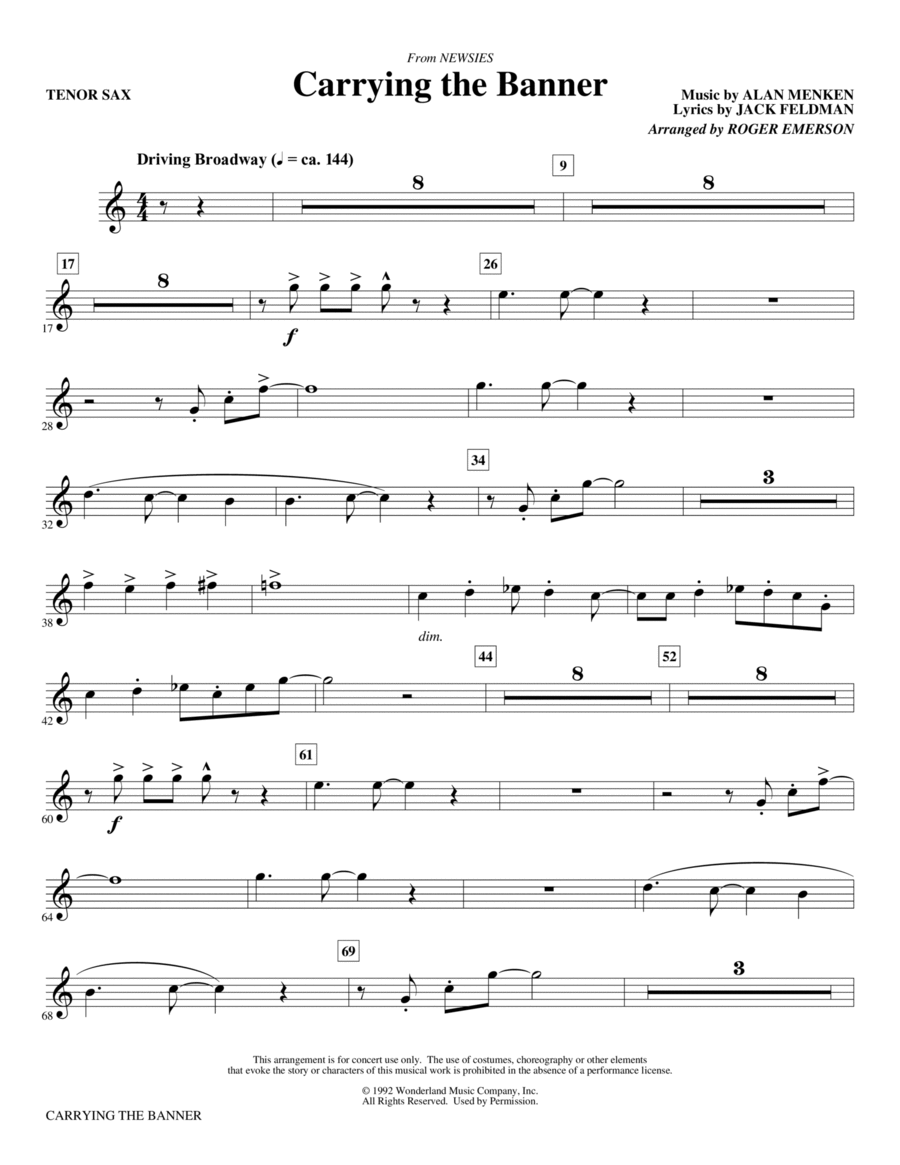 Carrying The Banner (from Newsies) (arr. Roger Emerson) - Bb Tenor Saxophone Choir scores gallery preview page 1