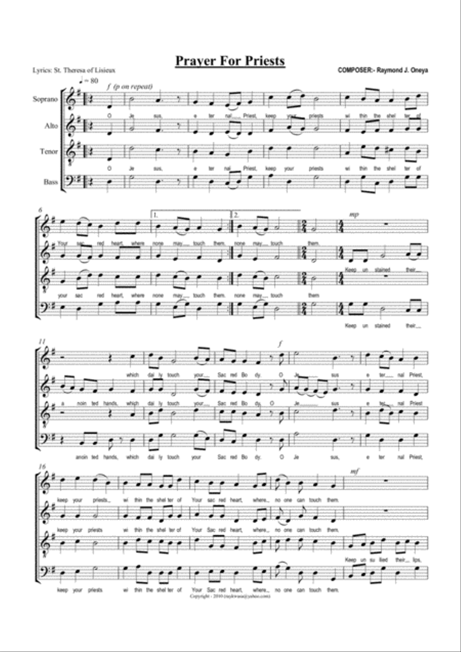 Prayer for Priests Prayer for Priests 4-Part scores gallery preview page 1