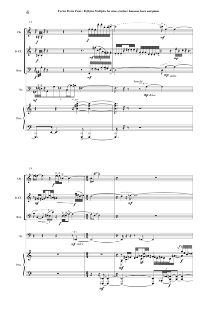 Carlos Perón Cano: Reflejos multiples (2003) for oboe, Bb clarinet, bassoon, horn and piano Woodwind Quartet scores gallery preview page 4