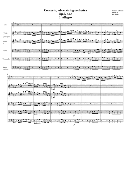 Concerto, oboe, string orchestra, Op.7, no.6, D major (Original version - Score and parts)