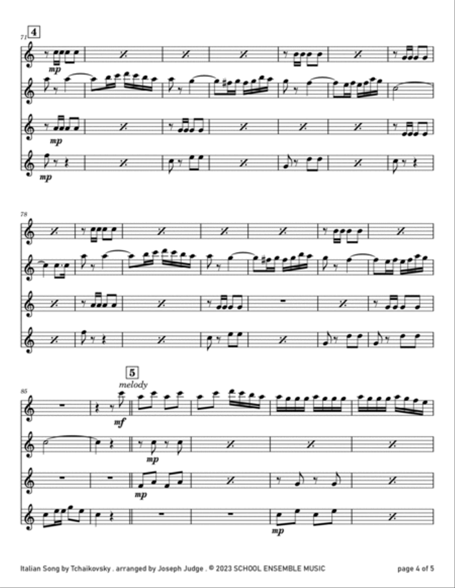 Italian Song by Tchaikovsky for Clarinet Quartet in Schools Clarinet Quartet scores gallery preview page 4