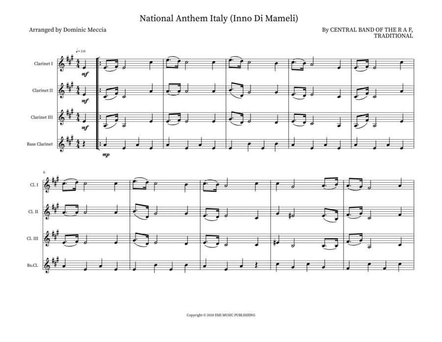 National Anthem Italy (Inno Di Mameli) Bass Clarinet scores gallery preview page 1