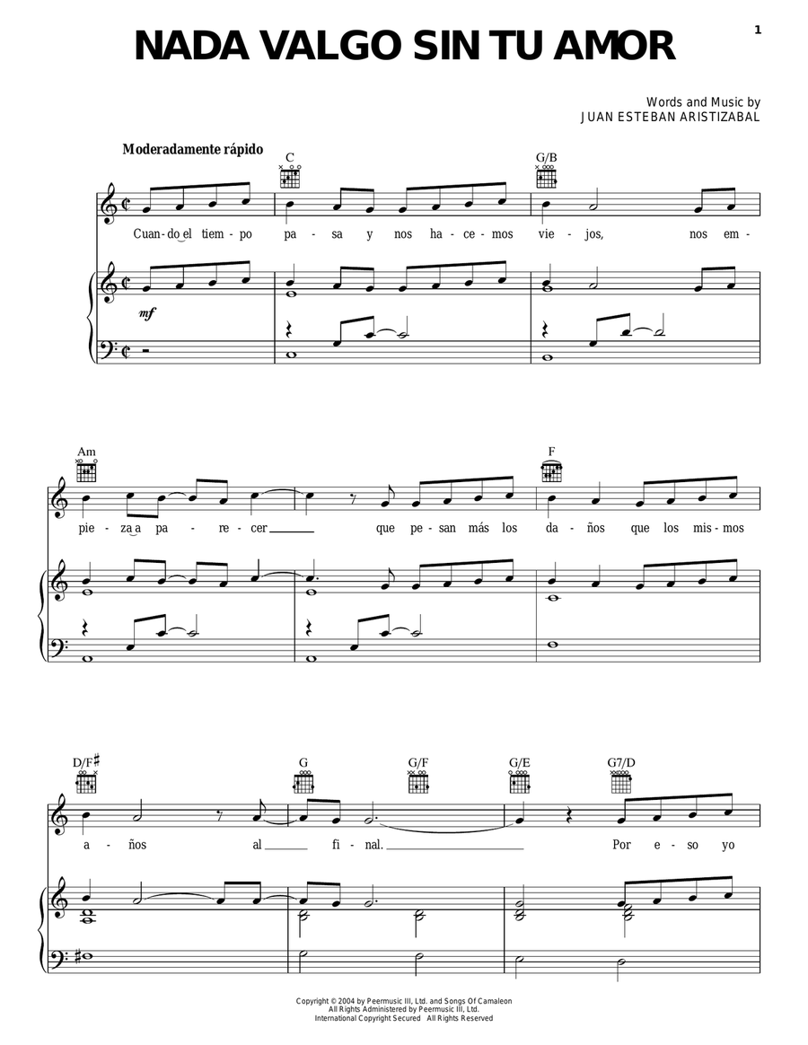 Nada Valgo Sin Tu Amor Piano, Vocal, Guitar scores gallery preview page 1