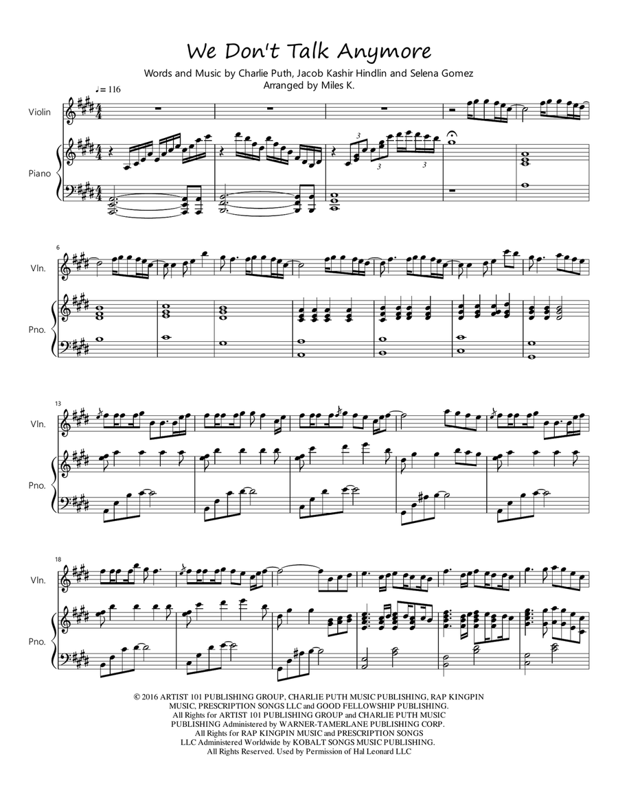 We Don't Talk Anymore Violin Solo scores gallery preview page 1