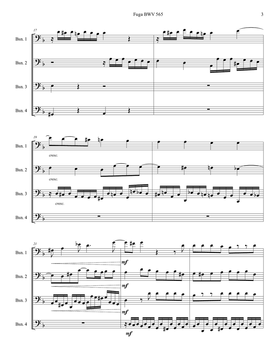 J. S. Bach - Fugue BWV 565 for bassoon quartet Woodwind Quartet scores gallery preview page 4