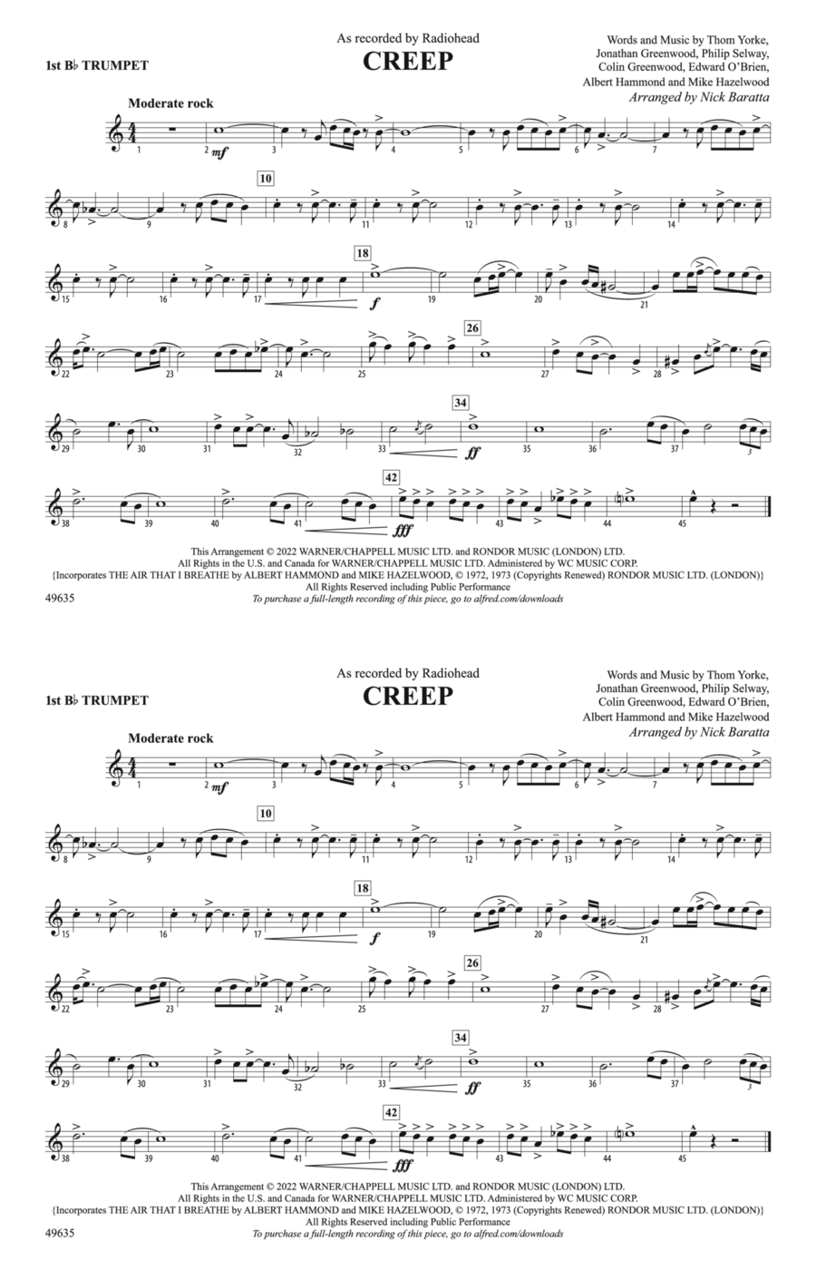 Creep: 1st B-flat Trumpet Marching Band scores gallery preview page 1