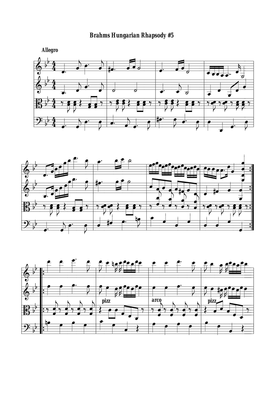 Brahms Hungarian Dance Number 5 arranged for string quartet String Quartet scores gallery preview page 3