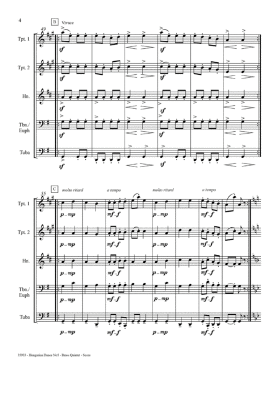 HUNGARIAN DANCE NO5 – BRASS QUINTET Brass Quintet scores gallery preview page 5