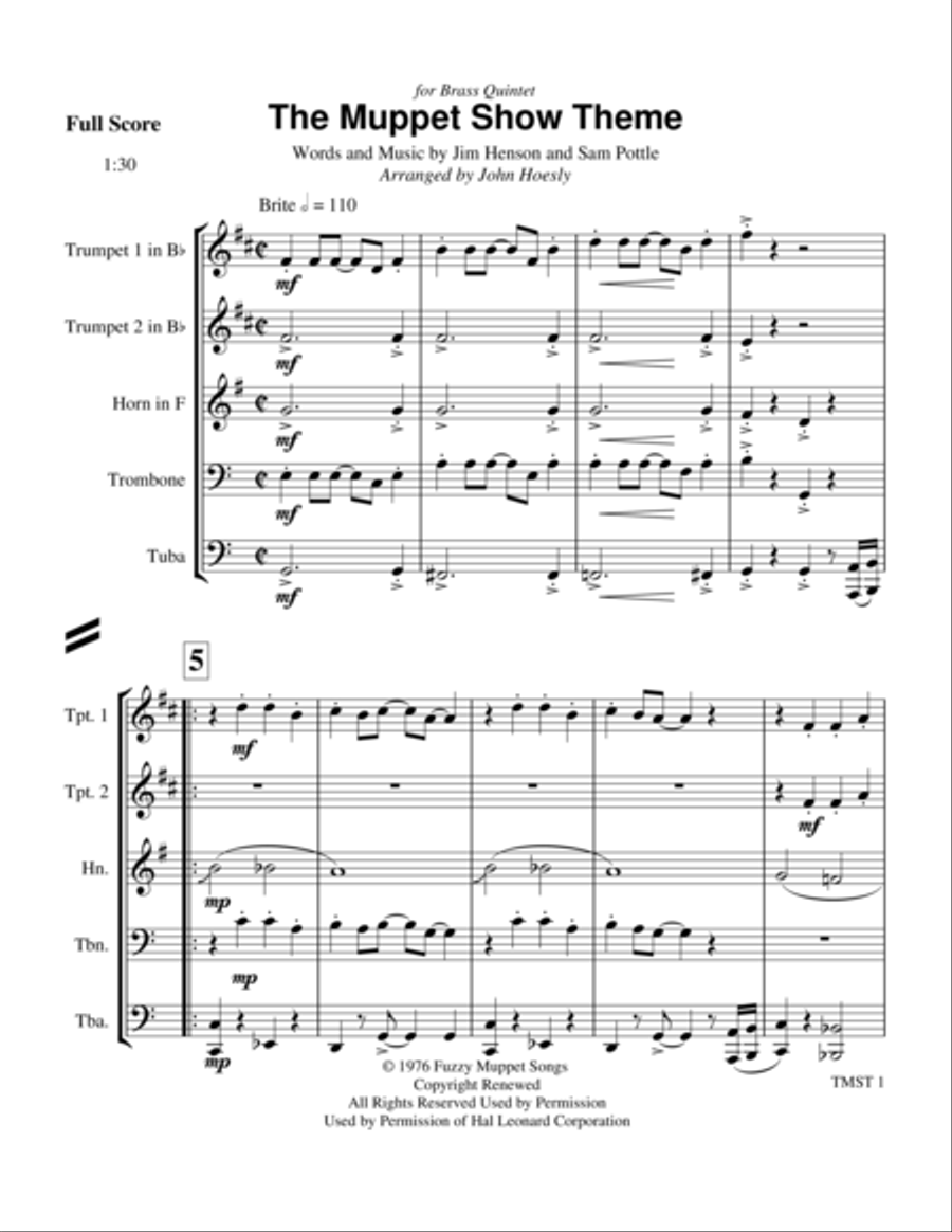 The Muppet Show Theme Brass Ensemble scores gallery preview page 1