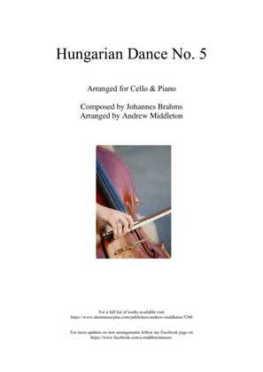 Hungarian Dance No. 5 in G Minor arranged for Cello and Piano