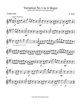 Easy Violin Solo: Variation No 1 in A Major with Piano accompaniment
