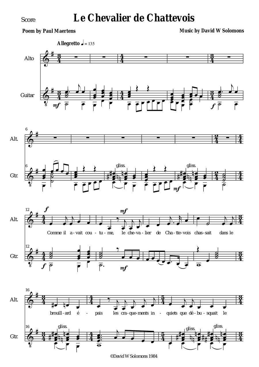 Le Chevalier de Chattevois (Sir Purrsifal) for alto voice and guitar Classical Guitar scores gallery preview page 2