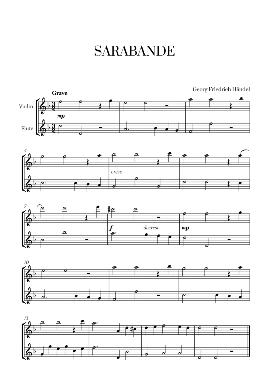 G. F. Haendel - Sarabande (for Violin and Flute) Flute scores gallery preview page 1