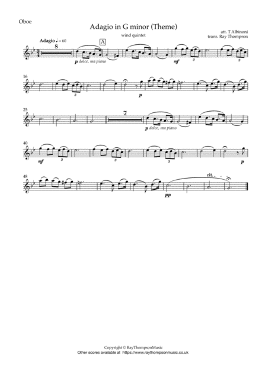 Albinoni: Adagio in G minor (Theme) - wind quintet Woodwind Quintet scores gallery preview page 4