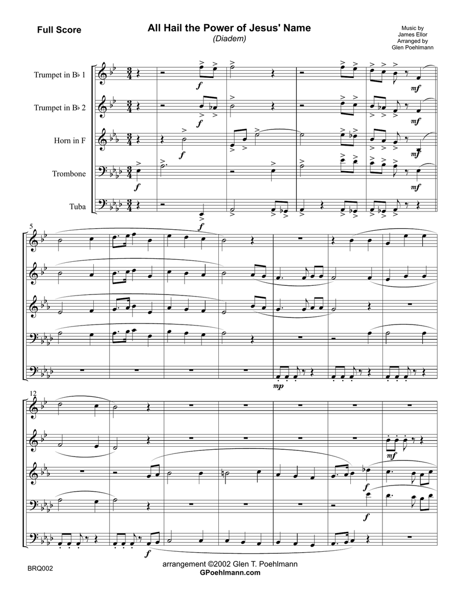 ALL HAIL THE POWER OF JESUS' NAME (Diadem) - BRASS QUINTET w/optional Organ Small Ensemble scores gallery preview page 1