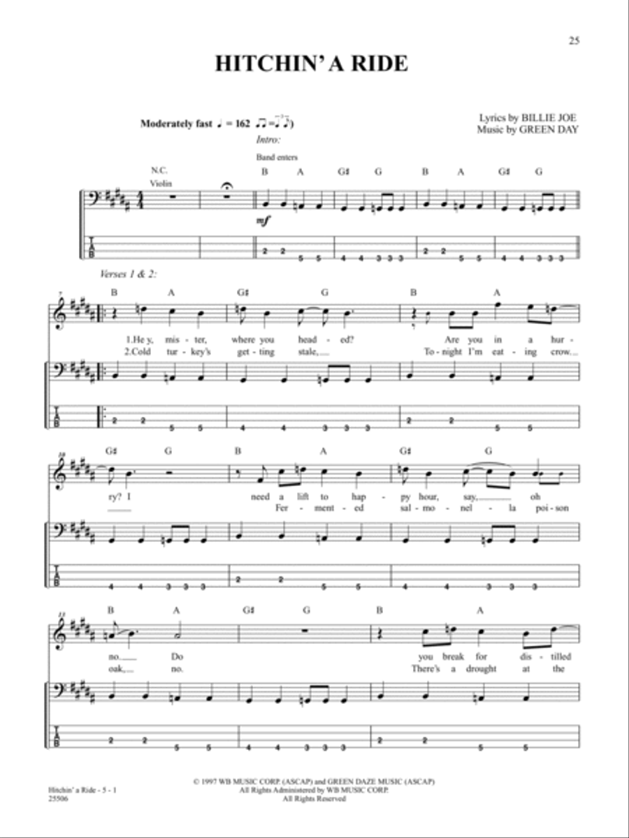 Hitchin' a Ride Bass Guitar Tablature scores gallery preview page 1