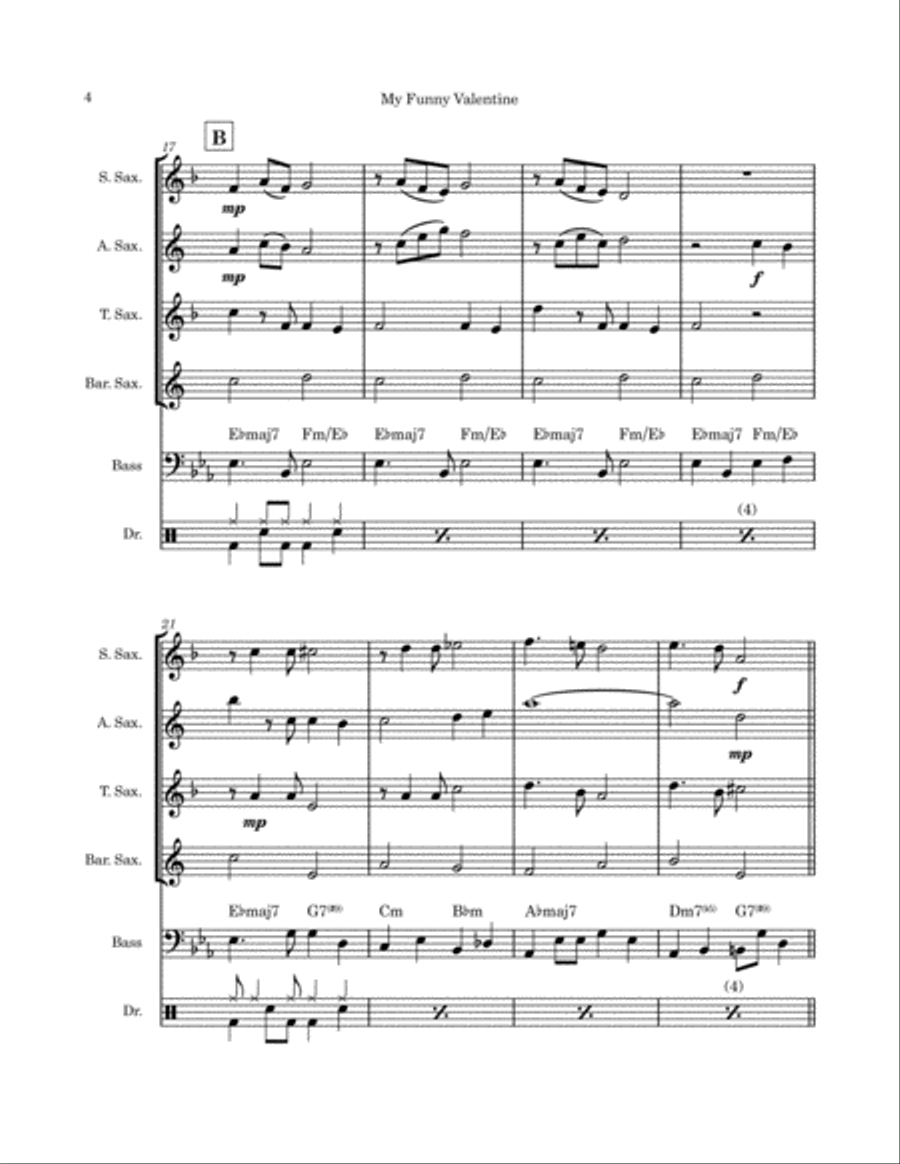 My Funny Valentine Saxophone Quartet scores gallery preview page 5