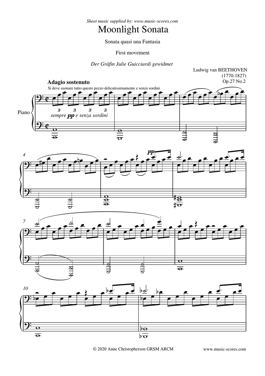 Moonlight Sonata 1st movement - A minor (lower) Piano Solo scores gallery preview page 1