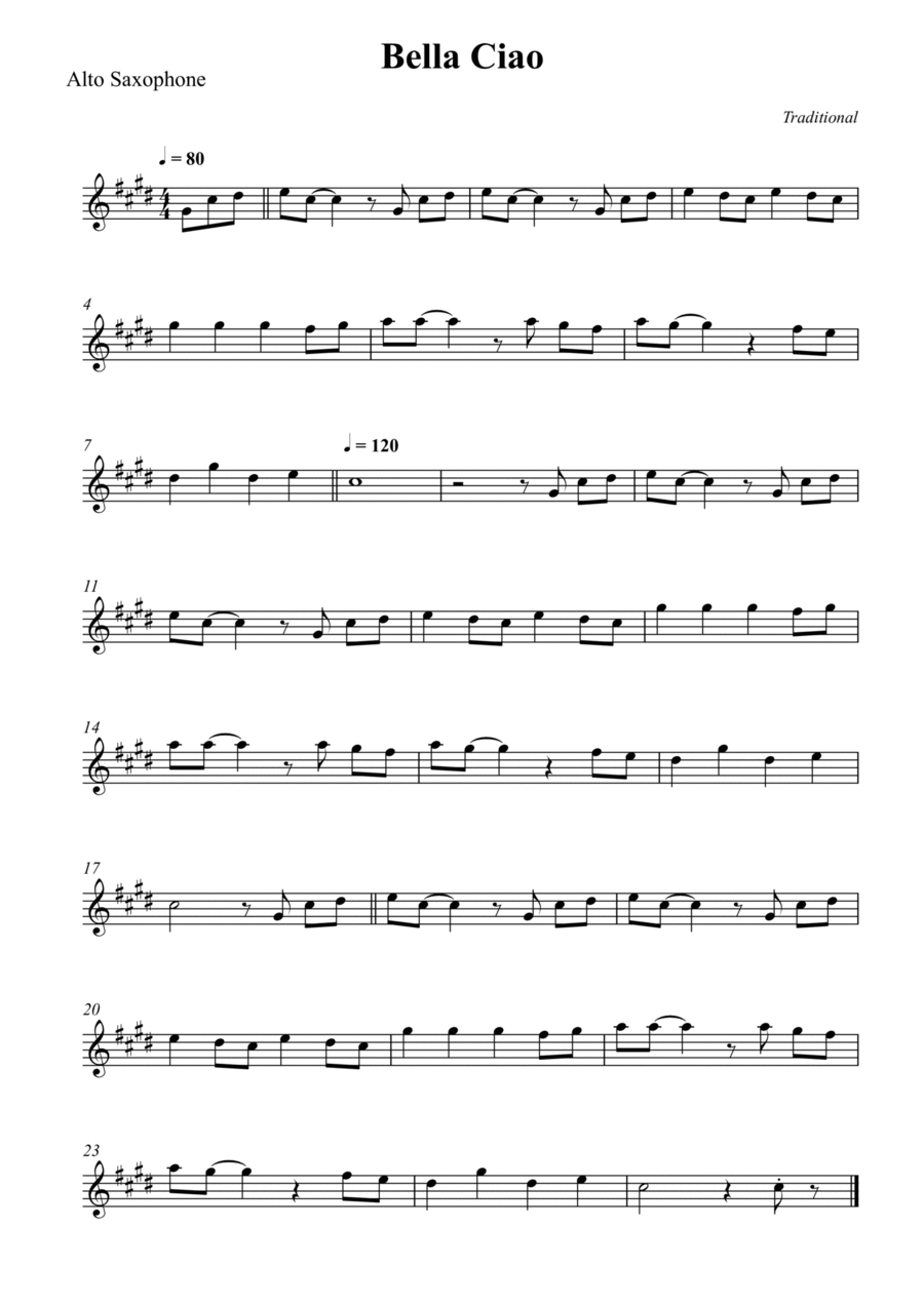 Bella Ciao For Alto Sax Alto Saxophone scores gallery preview page 1