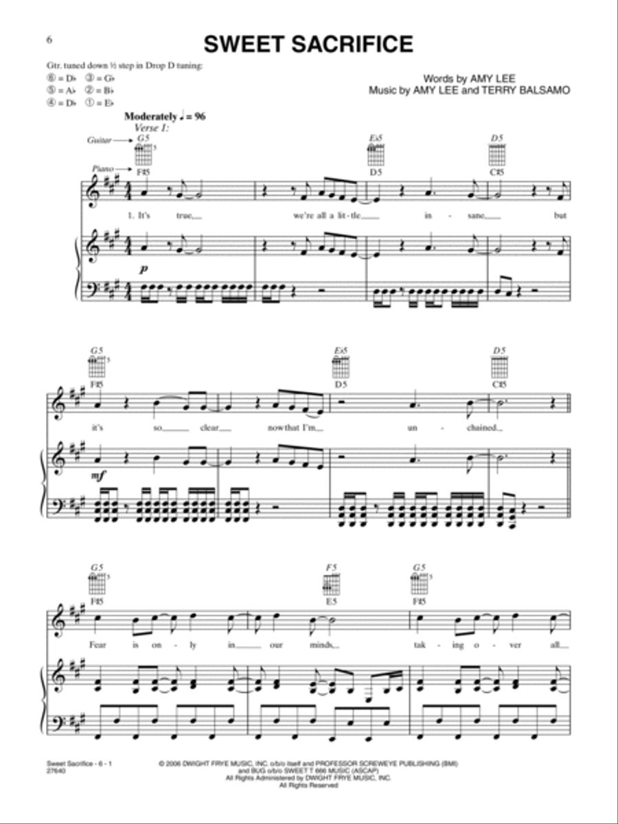 Sweet Sacrifice Piano, Vocal, Guitar scores gallery preview page 1