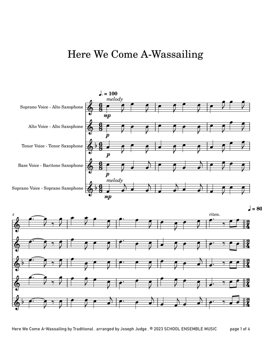 Here We Come A Wassailing for Saxophone Quartet in Schools Saxophone Quartet scores gallery preview page 1