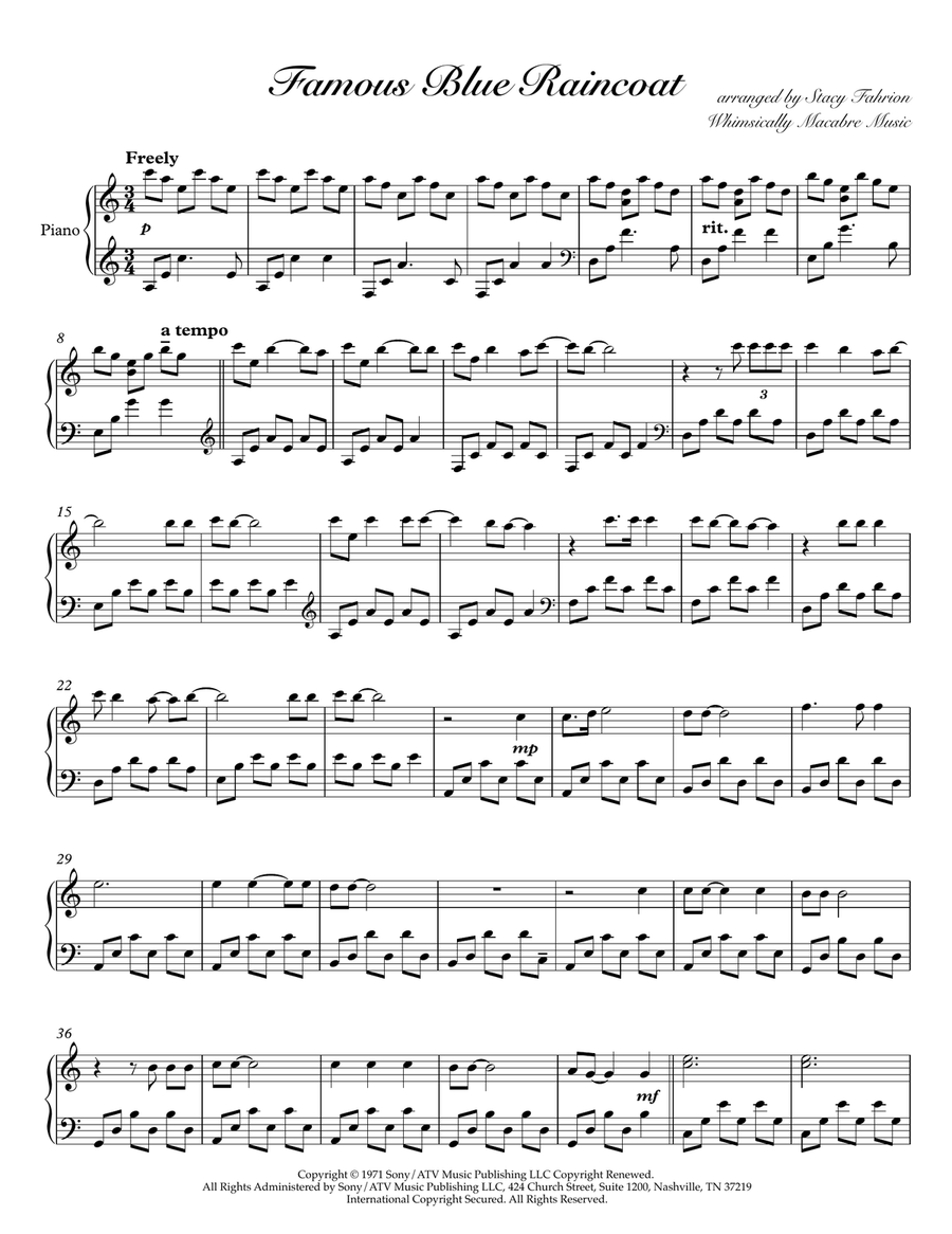 Famous Blue Raincoat Piano Solo scores gallery preview page 1