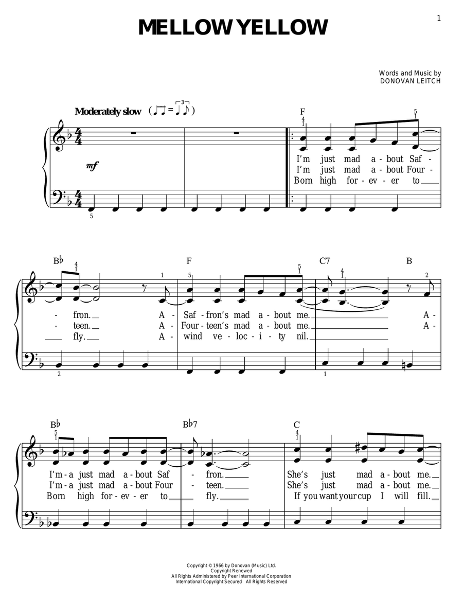Mellow Yellow Easy Piano scores gallery preview page 1