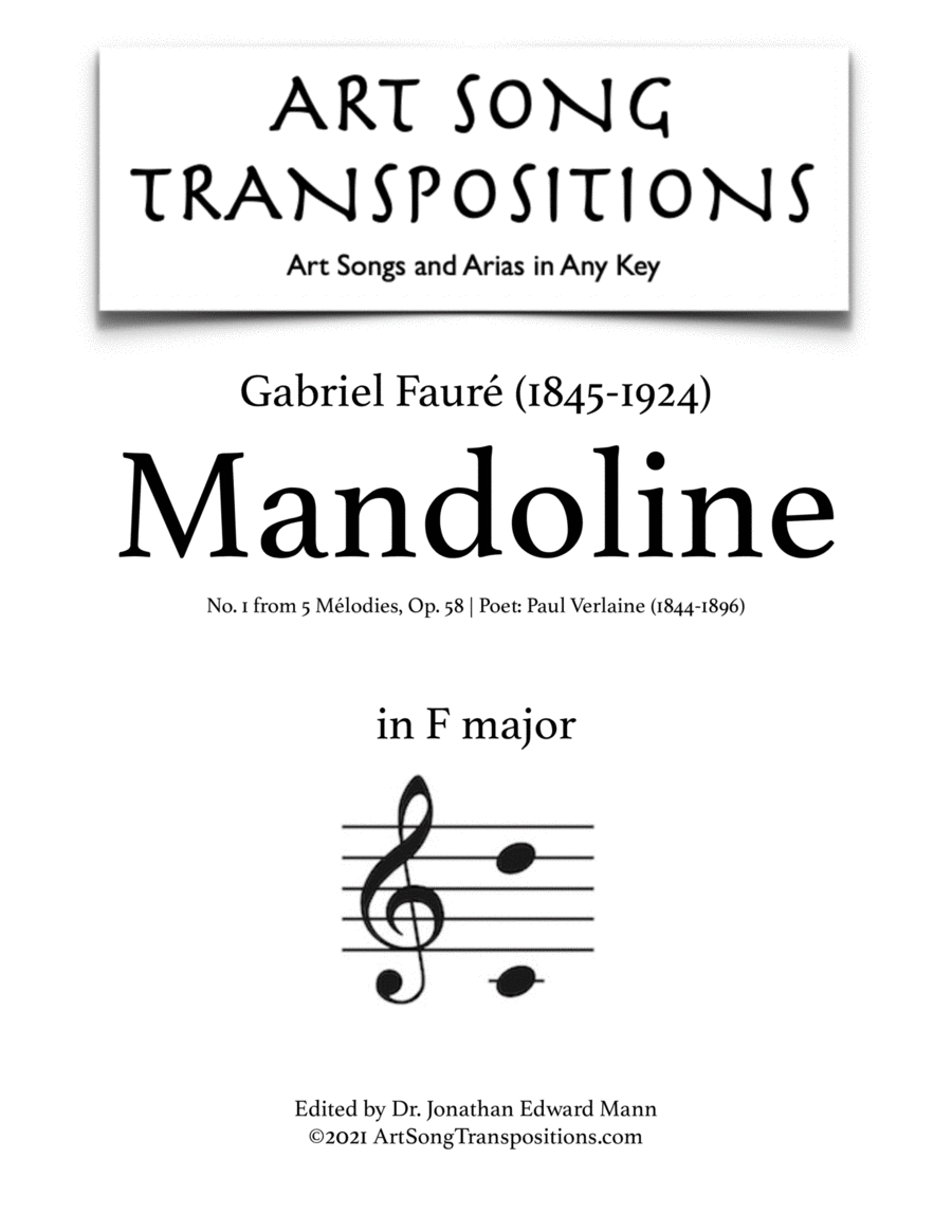 FAURÉ: Mandoline, Op. 58 no. 1 (transposed to F major) Voice scores gallery preview page 1