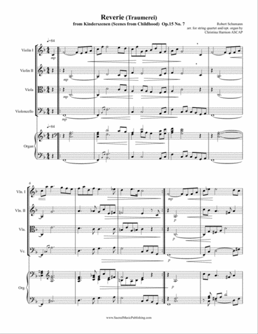 Reverie (Traumerei) from Kinderszenen (Scenes from Childhood) Op.15 No. 7- String Quartet and Organ String Quartet scores gallery preview page 2