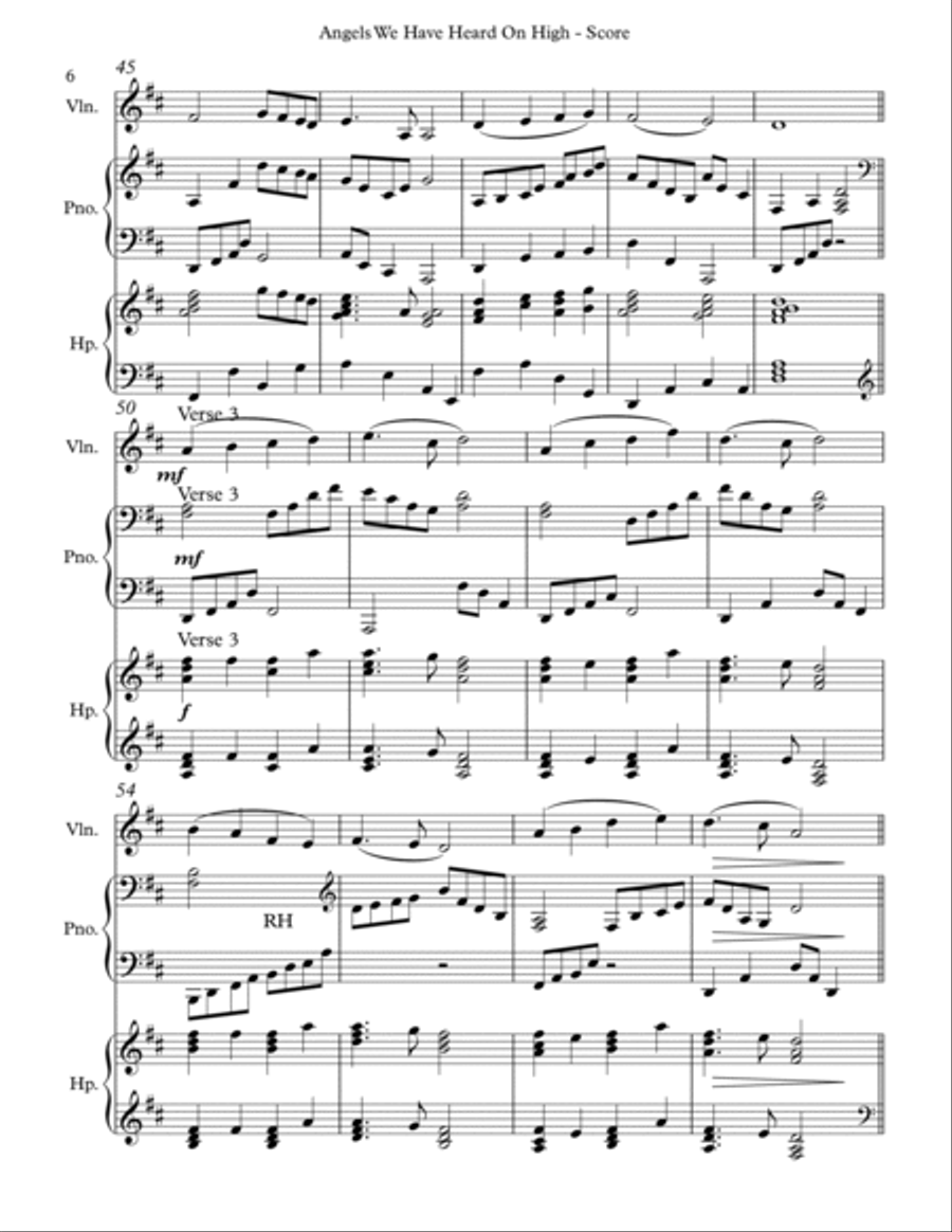 Angels We Have Heard On High, Trio for Violin, Pedal Harp and Piano Pedal Harp scores gallery preview page 6