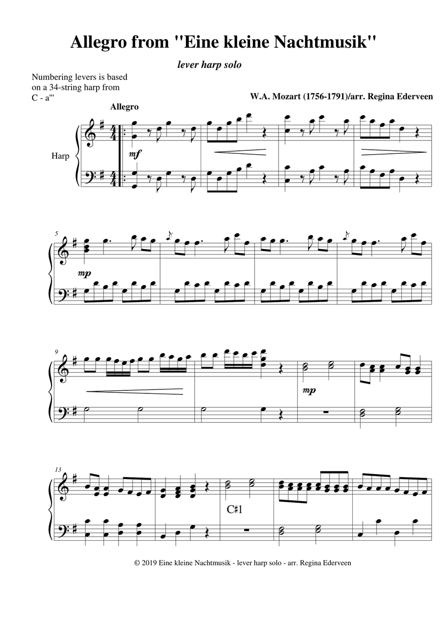 Allegro from ''Eine Kleine Nachtmusik'' (Mozart) - lever harp solo Celtic Harp scores gallery preview page 1