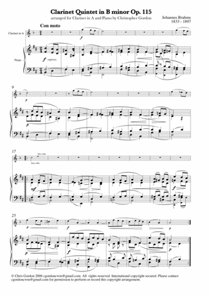 Brahms Clarinet Quintet Op. 115 arr. for Clarinet in A and Piano - Finale - Theme and Variations ('C
