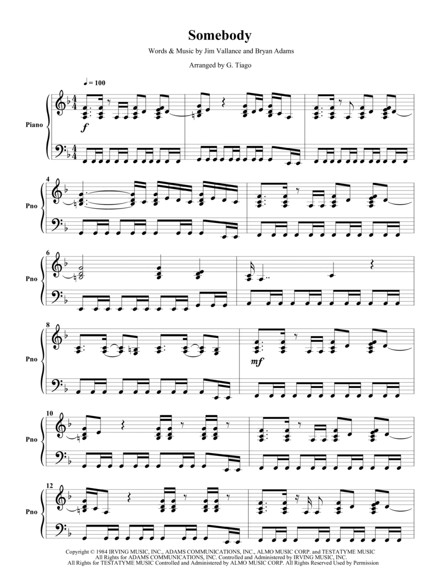 Somebody Piano Solo scores gallery preview page 1