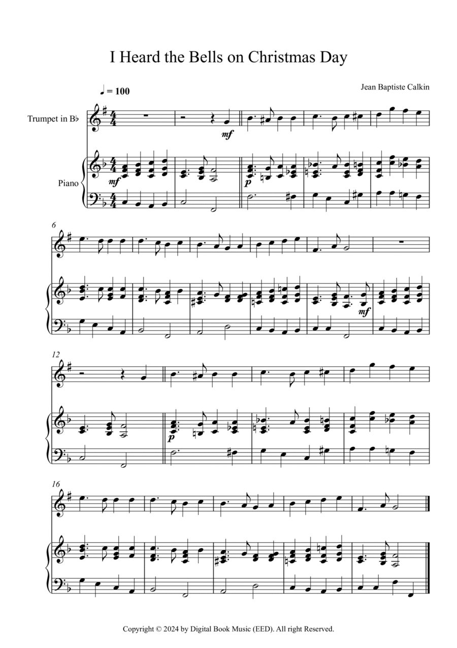 I Heard the Bells on Christmas Day, Jean Baptiste Calkin (Trumpet + Piano) B-Flat Trumpet scores gallery preview page 1