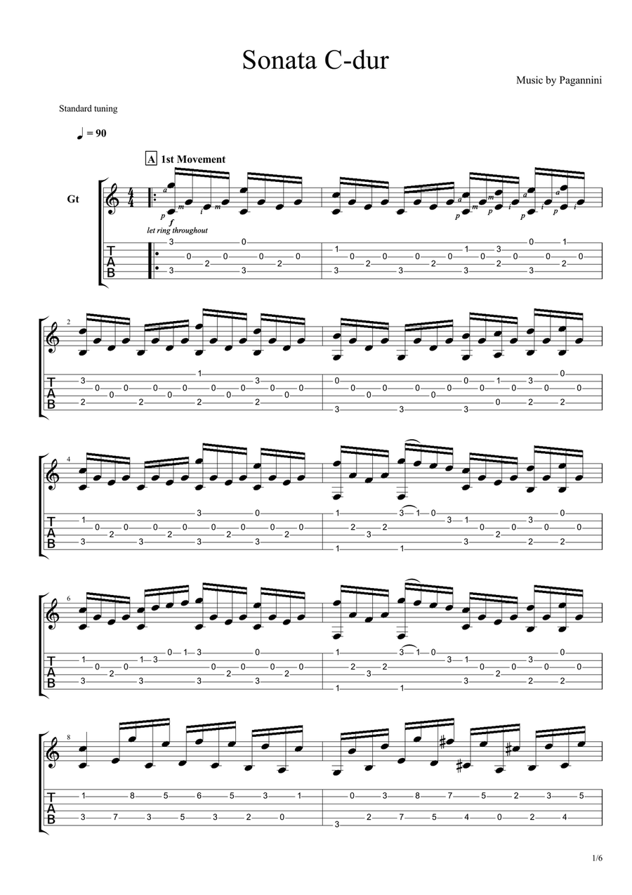 Paganini - Sonata In C-dur ( with tabs) Paganini - Sonata In C-dur ( with tabs) Acoustic Guitar scores gallery preview page 1