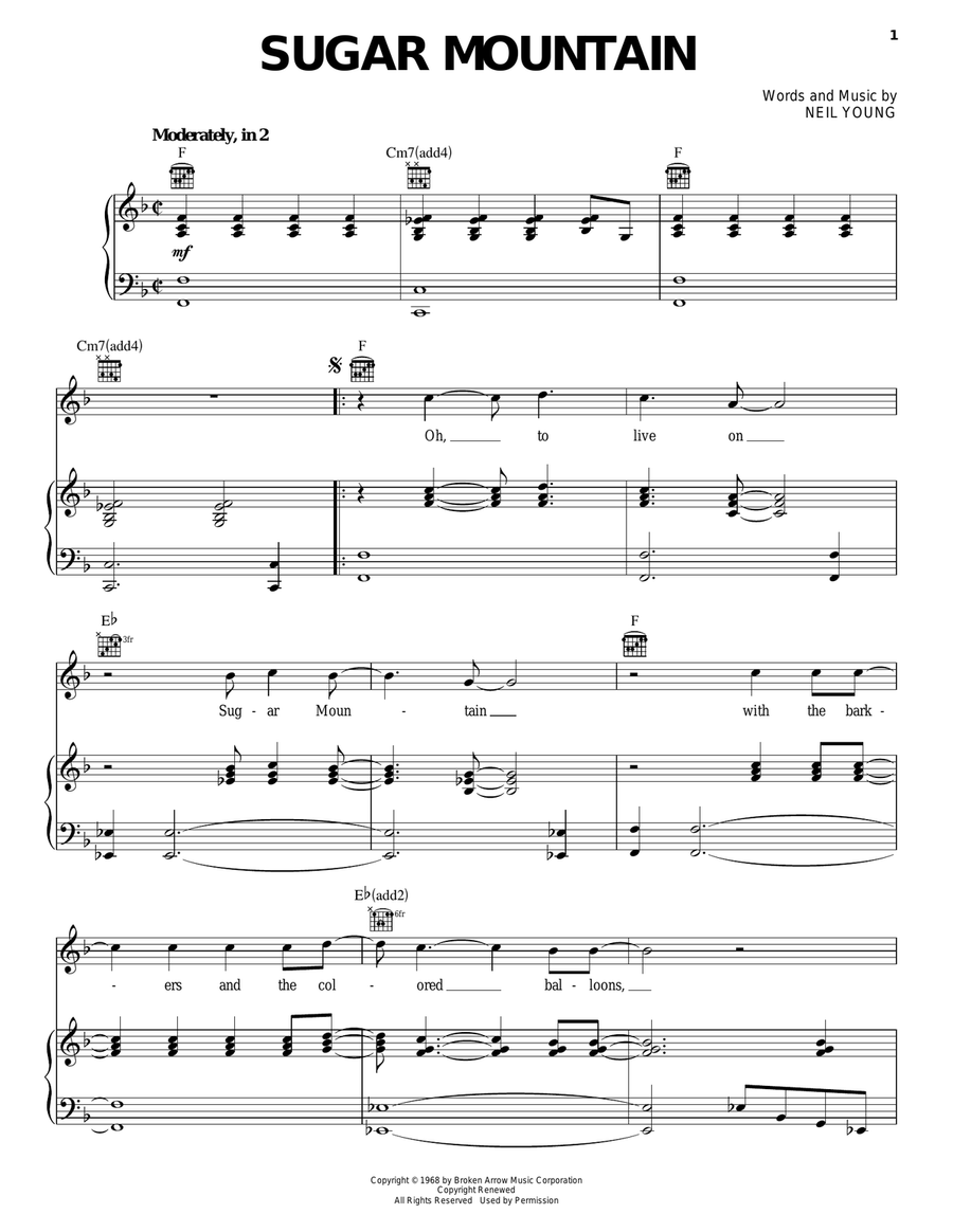 Sugar Mountain Piano, Vocal, Guitar scores gallery preview page 1