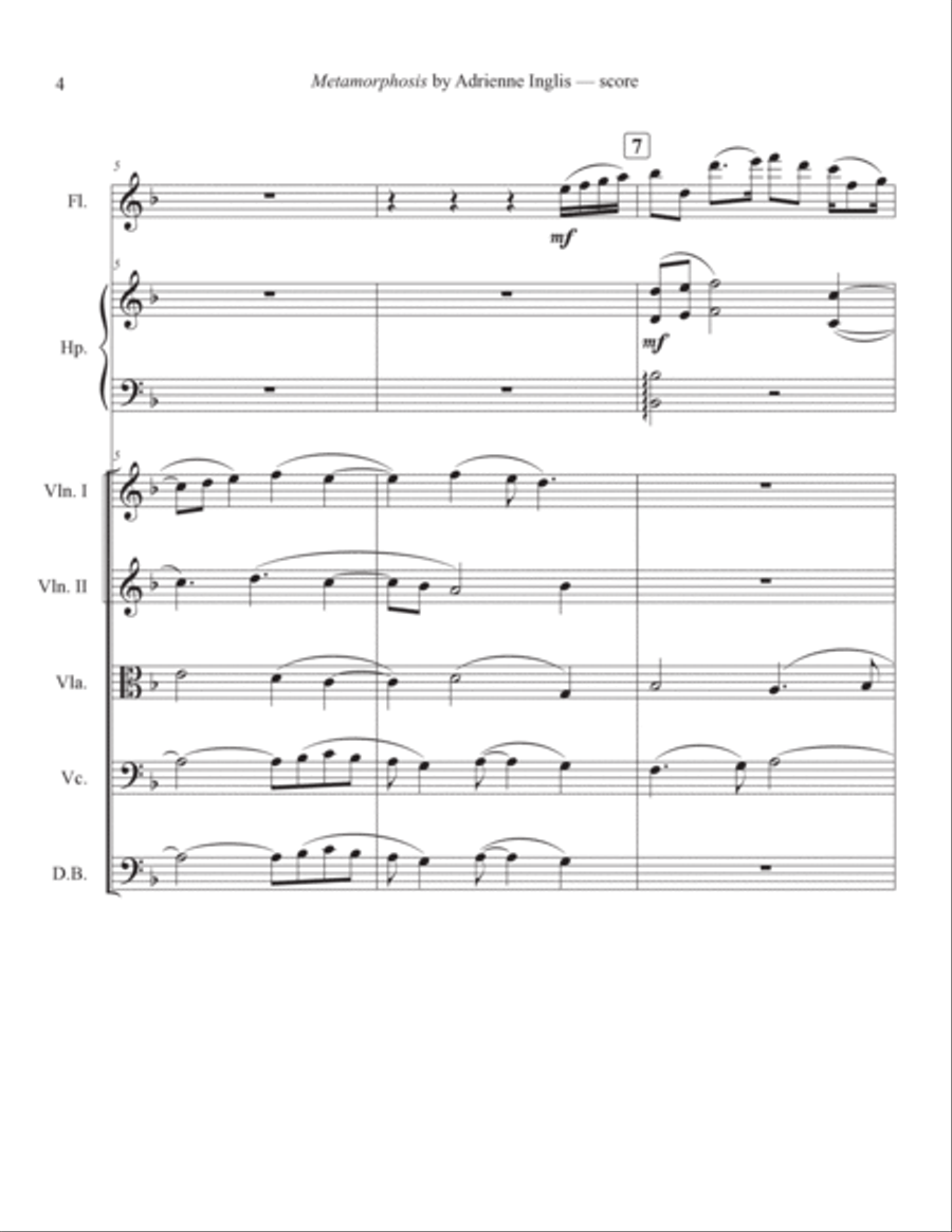 Metamorphosis for solo flute, solo pedal or lever harp, and strings Chamber Orchestra scores gallery preview page 4