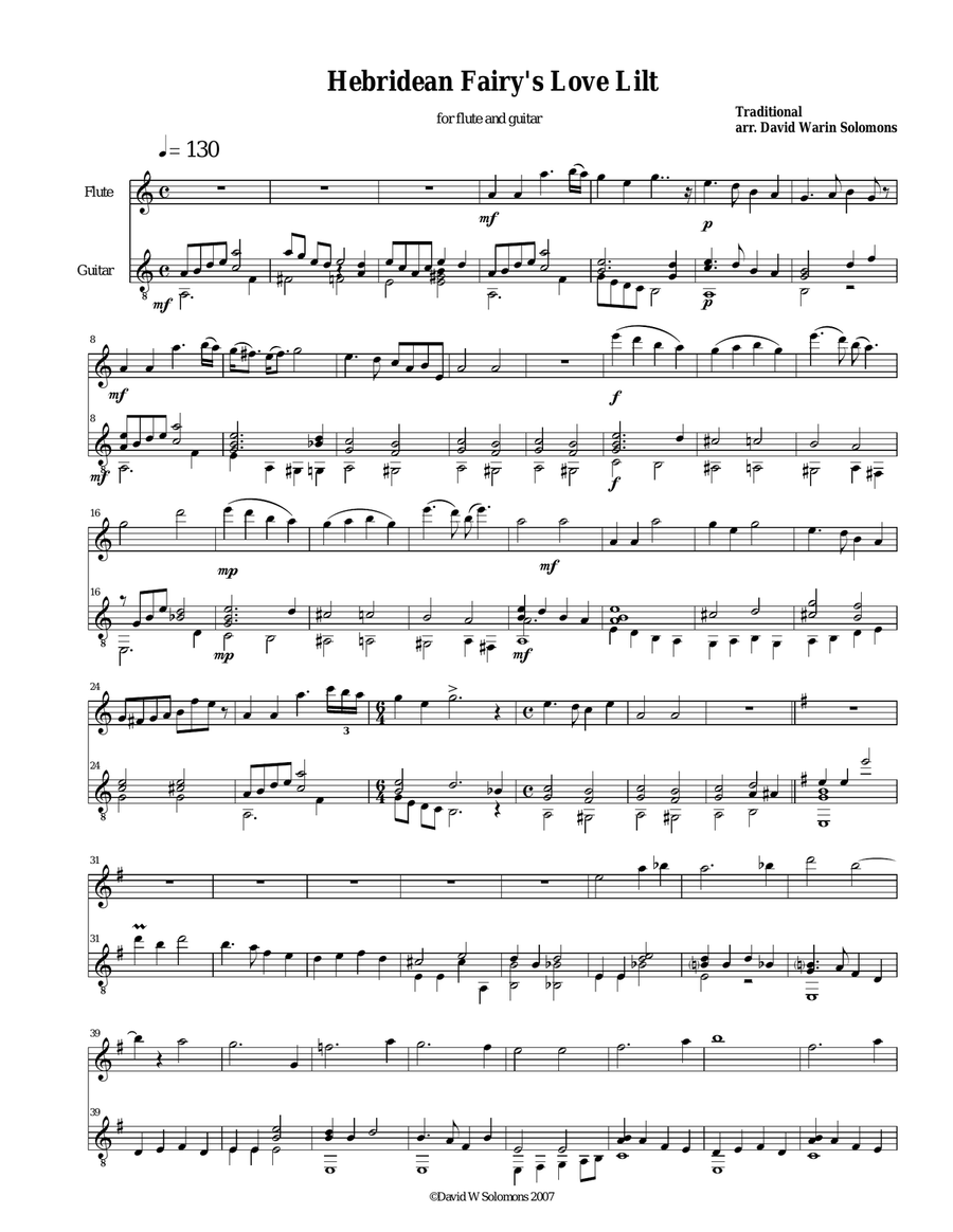 Hebridean fairy's love song (Tha Mi sgith) arranged for flute and guitar Flute scores gallery preview page 1