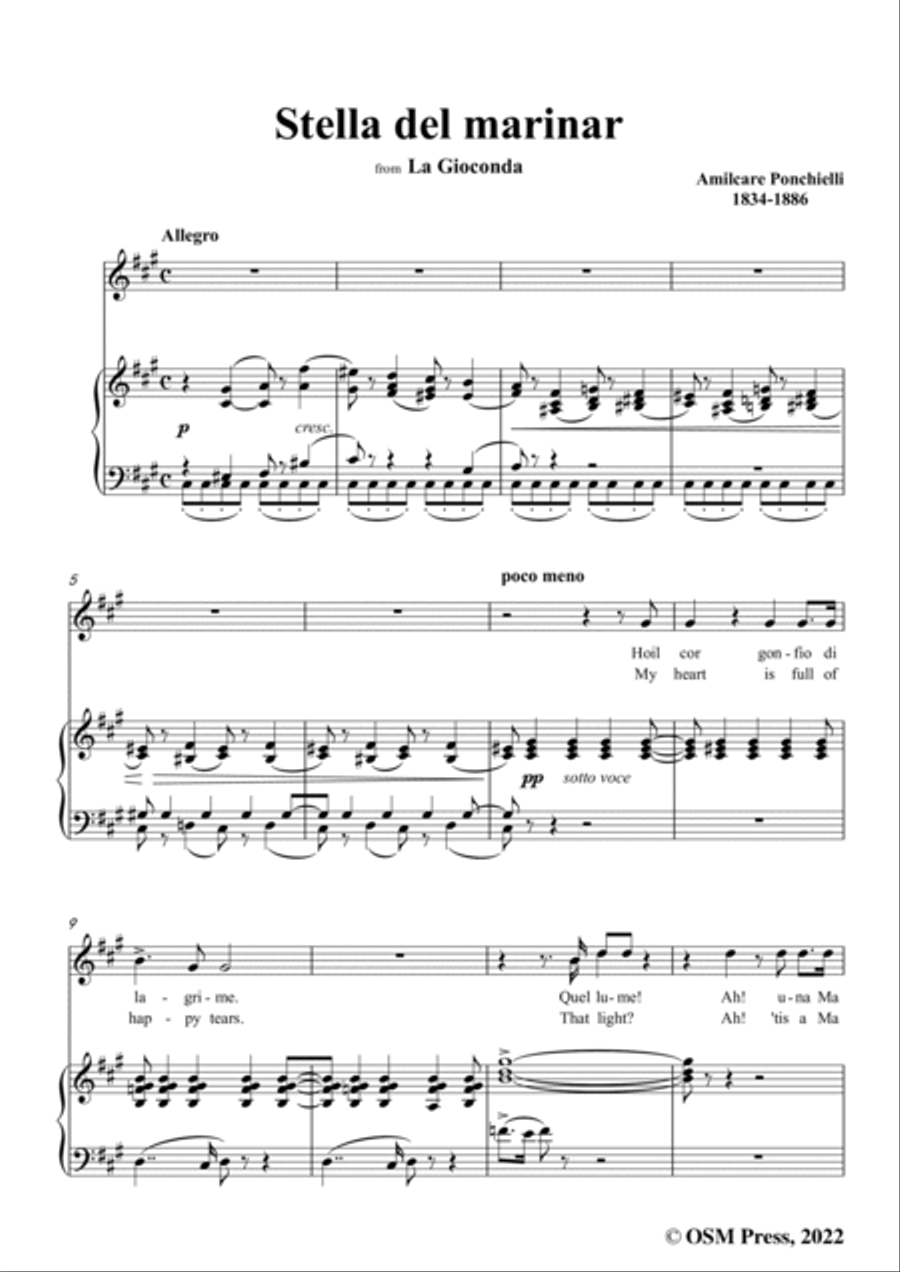 Ponchielli-Stella del marinar,from La Gioconda,in A Major,for Voice and Piano Voice Solo scores gallery preview page 3