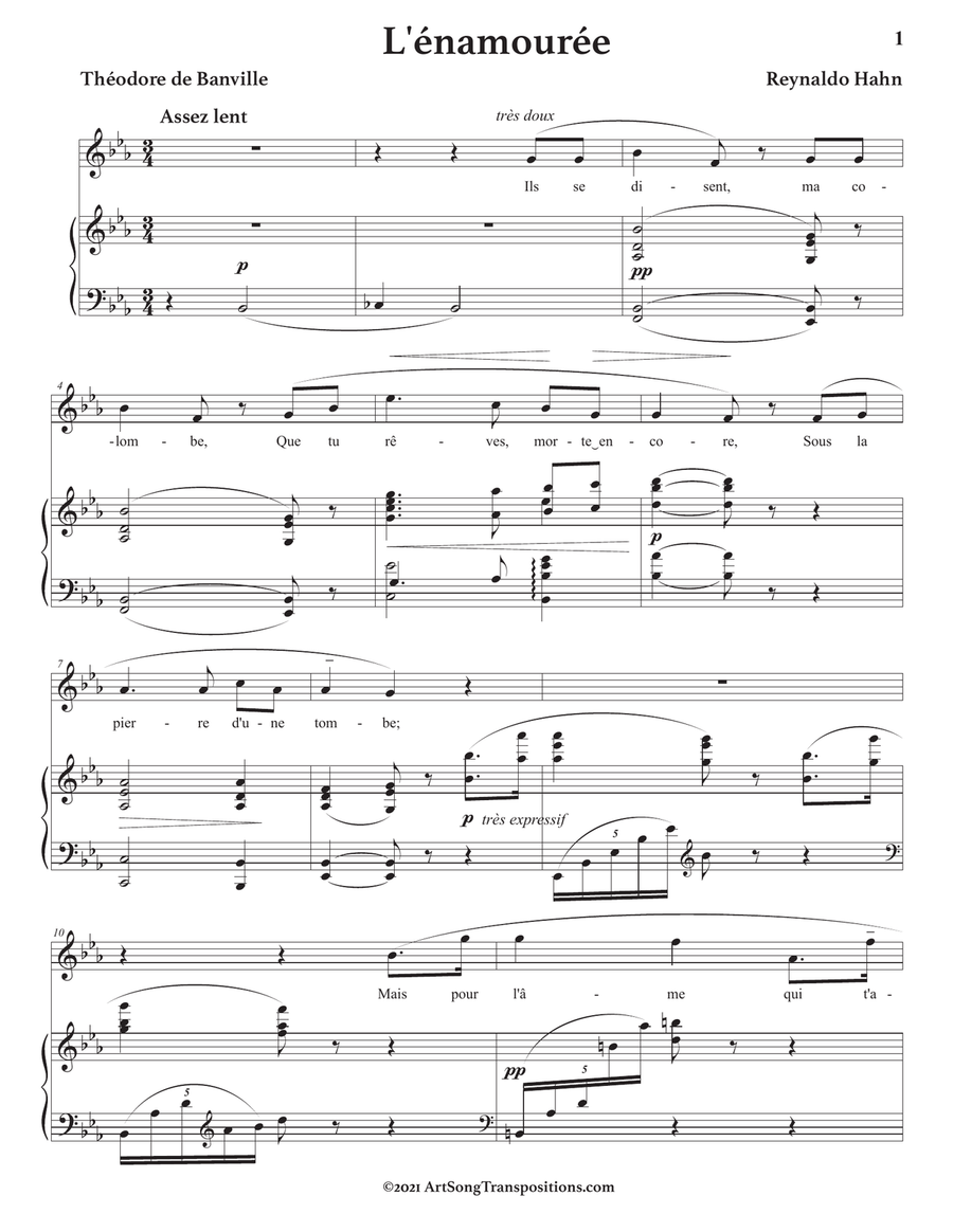 HAHN: L'énamourée (transposed to E-flat major) Piano, Vocal scores gallery preview page 2