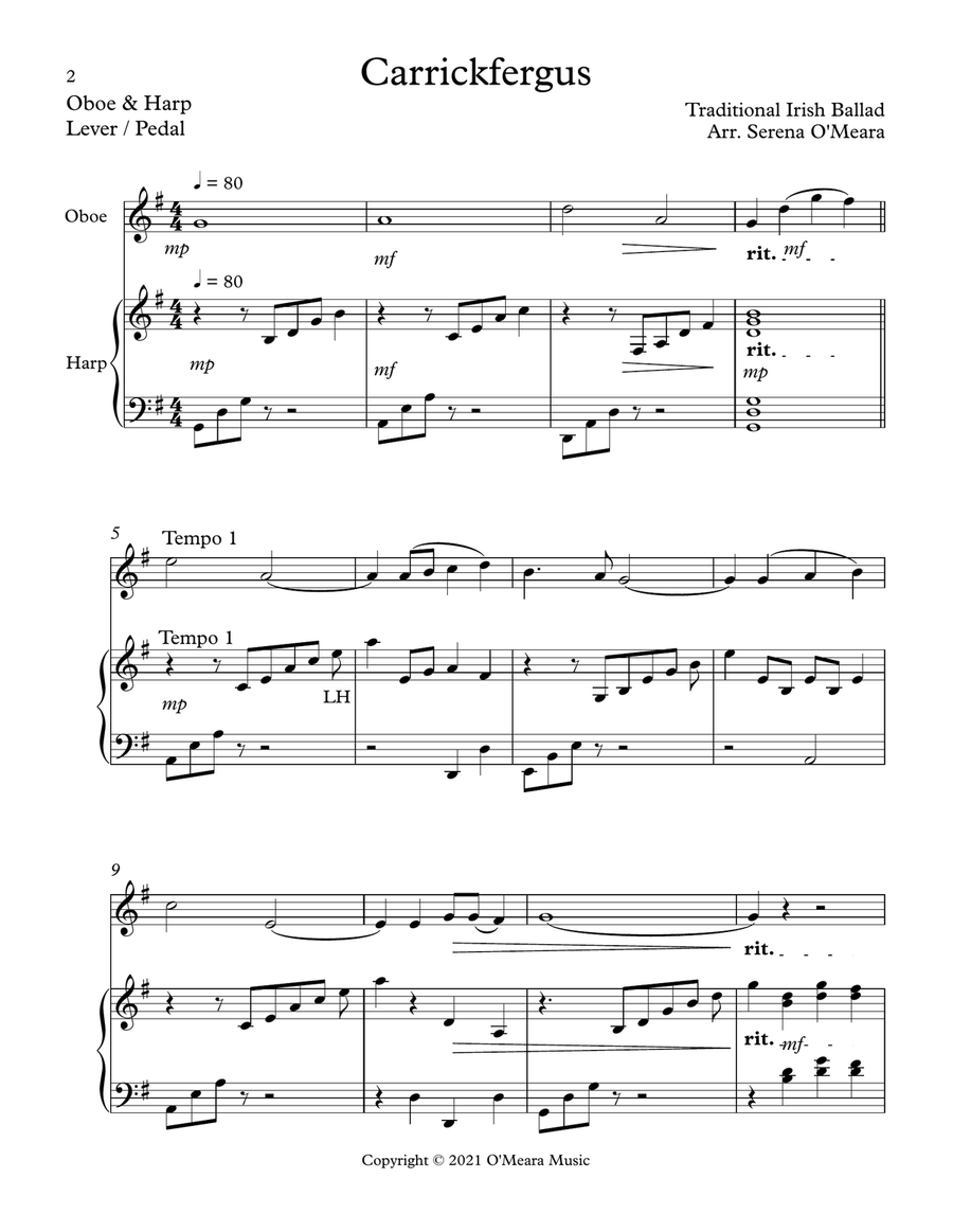 Carrickfergus Duet for Oboe & Harp