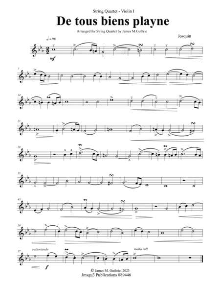 Josquin: De tous biens playne for String Quartet image number null