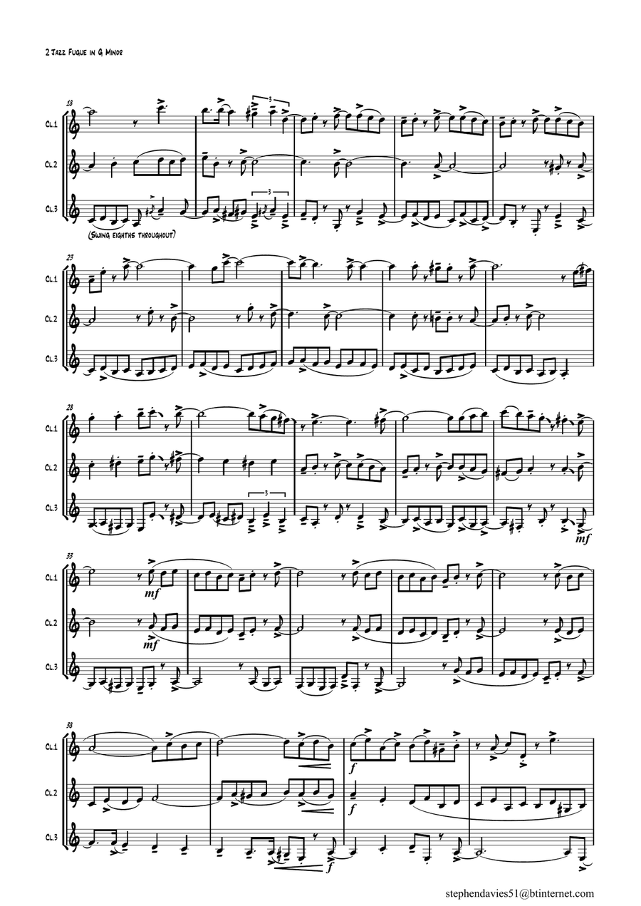 'Jazz Fugue in G Minor', based on the 'Fantasia & Fugue in G Minor' BWV542 by J.S.Bach for Clarinet Woodwind Trio scores gallery preview page 2