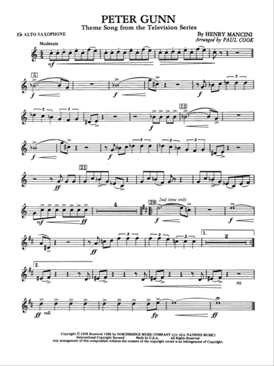 Peter Gunn: E-flat Alto Saxophone Concert Band scores gallery preview page 1
