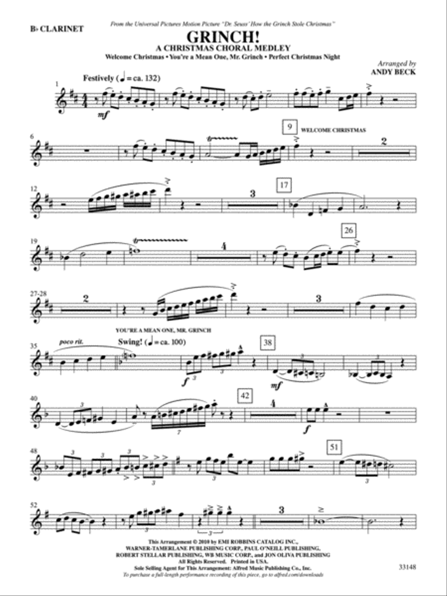 Grinch! A Christmas Choral Medley (from the motion picture Dr. Seuss' How the Grinch Stole Christmas): 1st B-flat Clarinet Part scores gallery preview page 1