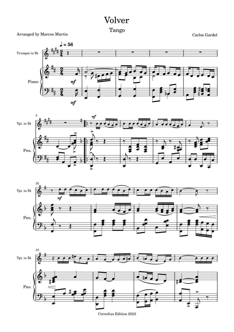 Volver for Trumpet and Piano B-Flat Trumpet scores gallery preview page 1