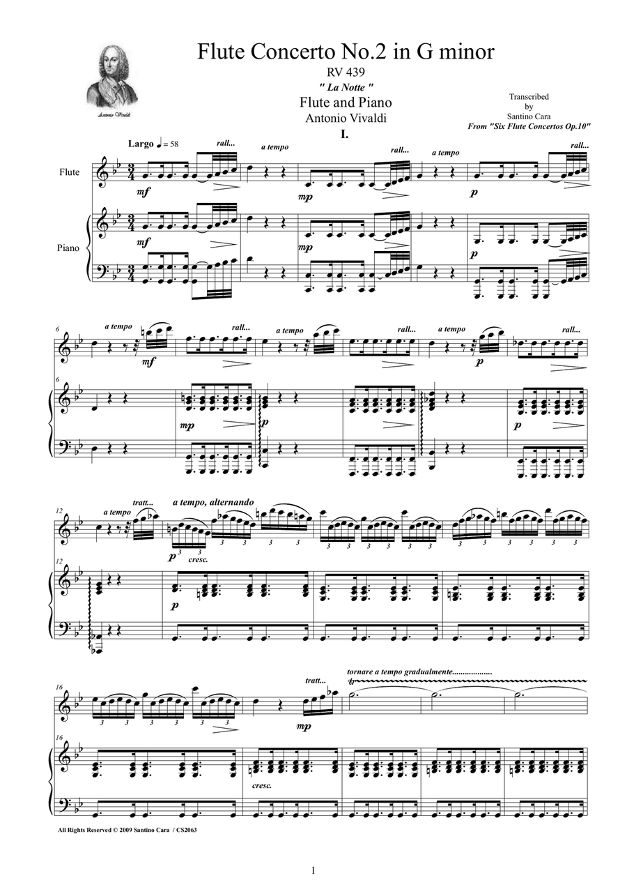 Vivaldi - Flute Concerto No.2 in G minor 'La Notte' Op.10, RV 439 for Flute and Piano Flute Solo scores gallery preview page 1