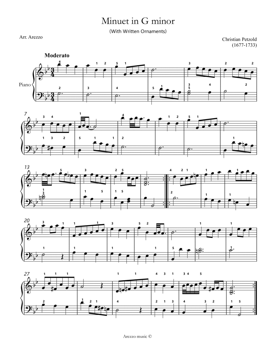 Bach Minuet in G minor - BWV anh 115 fingered and Ornamented Chamber Music scores gallery preview page 1